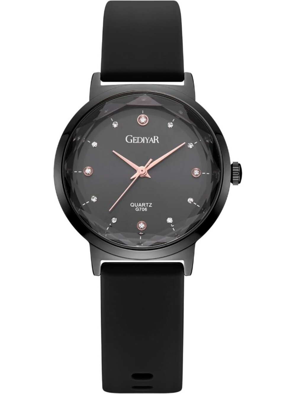 Women's Black Analog Quartz Silicone Band Crystal Dial Waterproof Wrist Watch